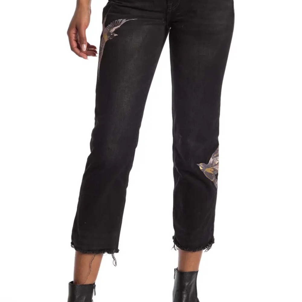 Allsaints BIRDS Embroidered 25 Cropped Black Jean